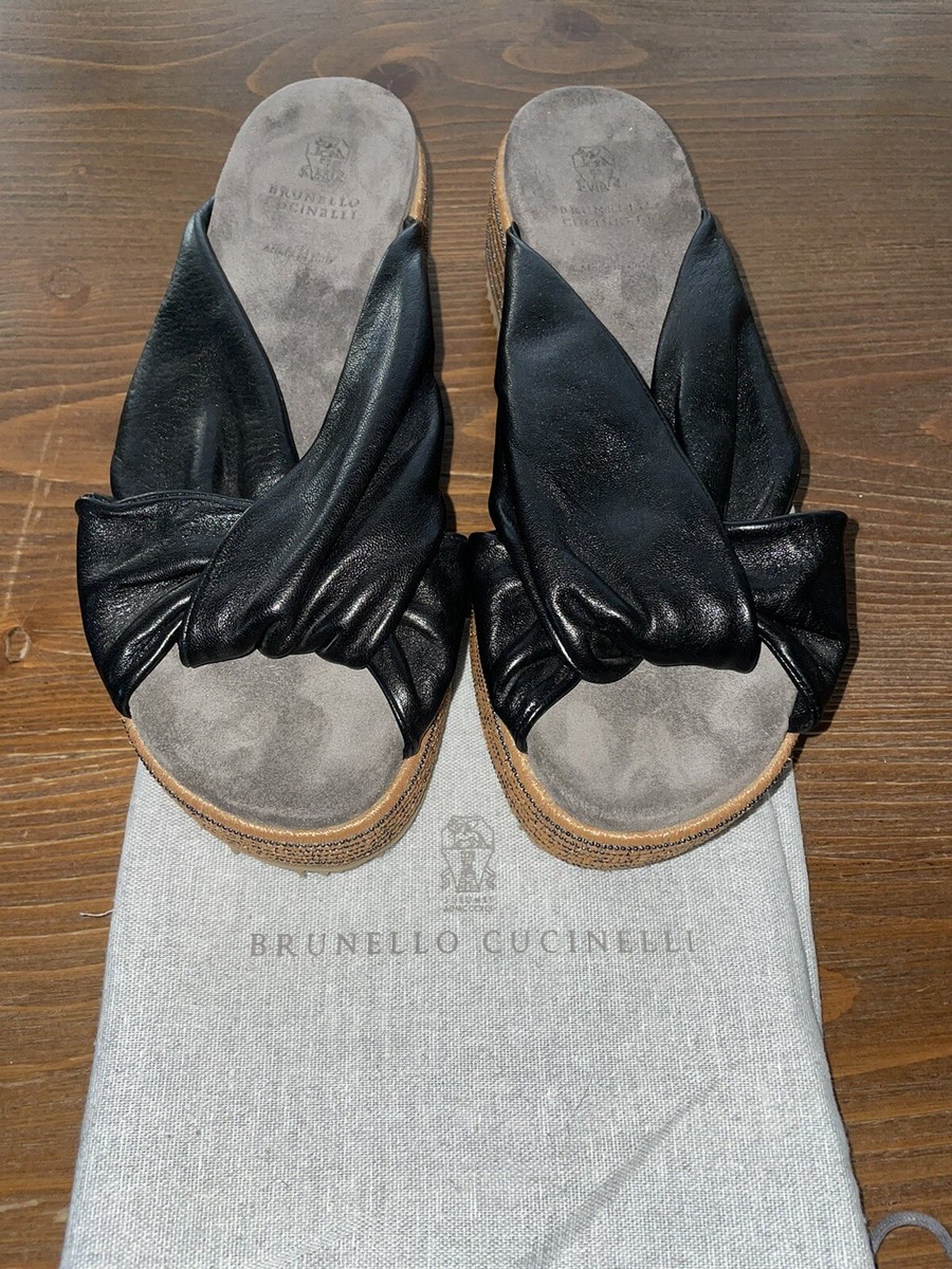 Brunello Cucinelli Monili Raffia Platform Slide Sandal Eur