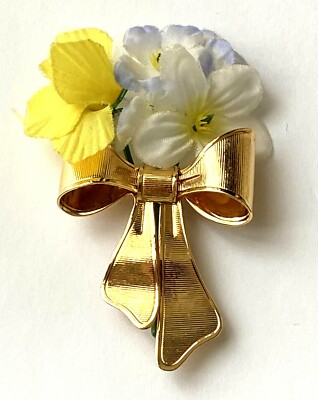 RARE BROCHE vintage signé AVON 1980 Ruban + Fleurs insérées ! Voir photo NEUF 
