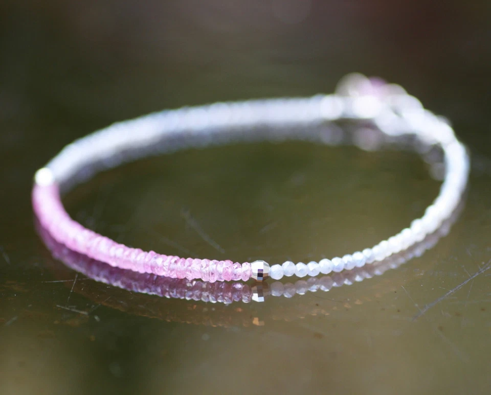 Pulsera artesanal de zafiro rosa natural sólido de oro blanco de 14K, 6,9" - 7,5" Foto 3 de 4