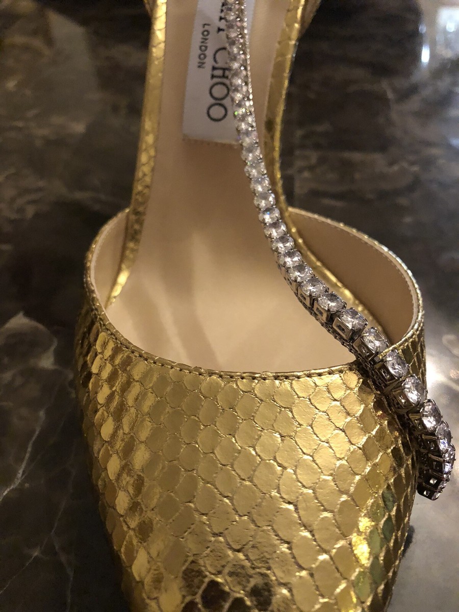 Jimmy Choo Talika 85 Gold Whipsnake Embos. Leather Crystal Chain