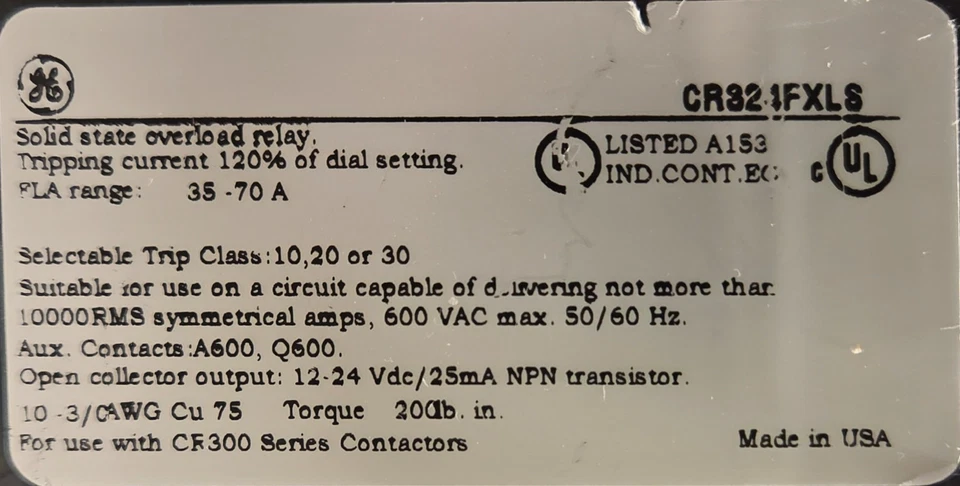 Relé de sobrecarga General Electric CR324FXLS Nema tamaño 3/4 35-70 amperios CF300 Foto 4 de 4