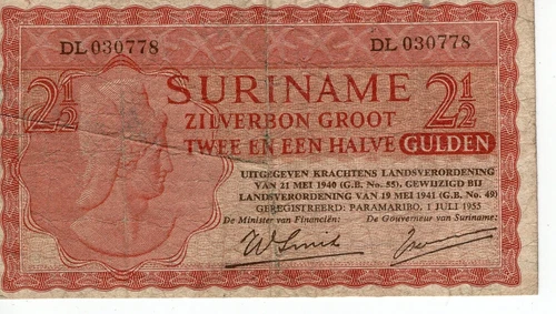 1955 Suriname 2.5 Gulden Banknote P110 Fine