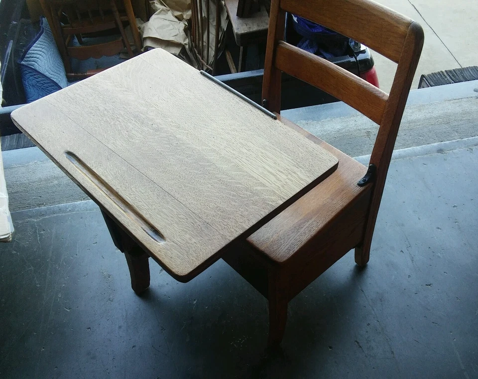 023 Старинный школьный стол стул Langslow Fowler дерево металл дуб средний Moulthrop  - Изображение 4 из 4