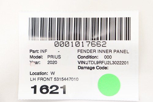 2019-2022 TOYOTA PRIUS FRONT LEFT INNER FENDER AIR GUIDE PANEL OEM 5315447010 - Picture 10 of 10