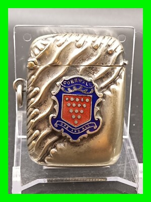Antique Ornate Match Safe Holder w/ Cornwall One And All Emblem Badge Great Cond