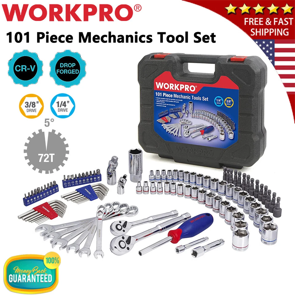 WORKPRO 140PC/101PC/ 39PC 3/8" 1/4" Drive WRENCH Socket Set SAE Metric Socket US - Image 2 of 4