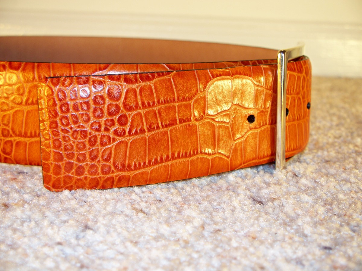 Audrey Talbott Brown Leather Belt Reptile Print Made in Italy Women Sz 31”-35” AUDREY TALBOTT Light Brown Leather Croc Print Belt Made in  main image 4