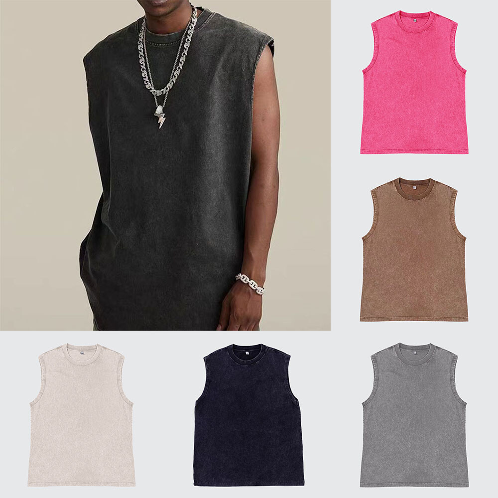 Men Washed Fashion Vintage Tee Pullover Sleeveless T-Shirt
