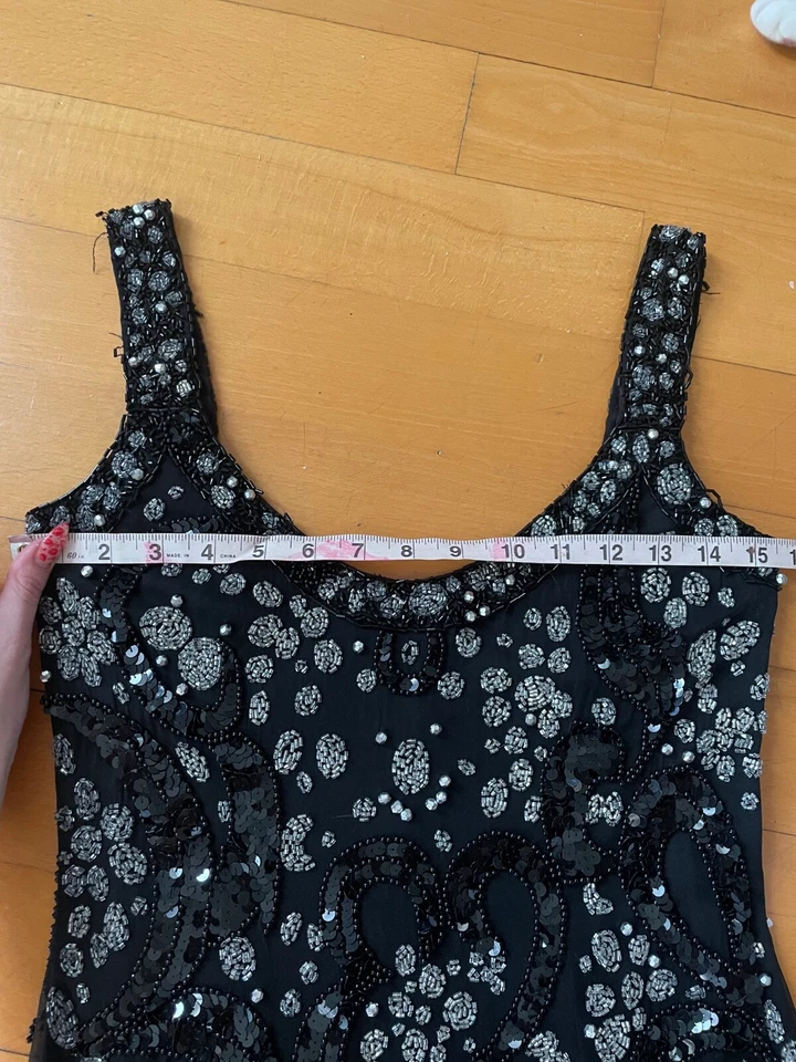 Mini Vestido Oleg Cassini Corbata Negra Años 90 | 100% Seda / Cuentas | Talla 6 | Formal Foto 4 de 4