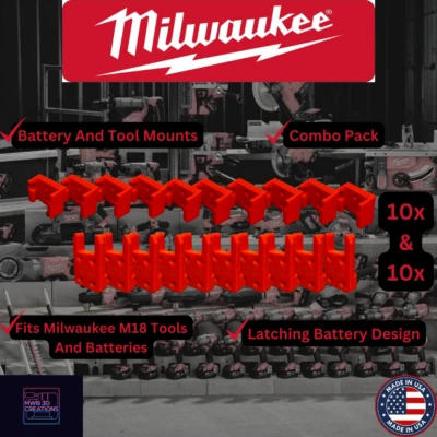 20 Piece Combo Pack Milwaukee M18 Battery & Tool Mounts/Holders/Hangers
