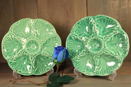 French Antique Pair Majolica Oyster Plate 6 Wells Gien Celadon -Ships DDP to USA