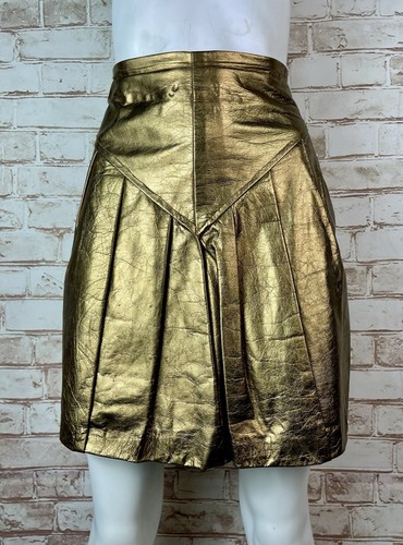 Vintage Gold Genuine Leather Handmade Short Pleated Skirt 24” Waist Sz 8 1980s - Picture 2 of 14