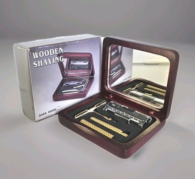 Vintage Travel Shaving Kit Razor Mirror Small Wood Box 3''x2.5'' New Old Stock