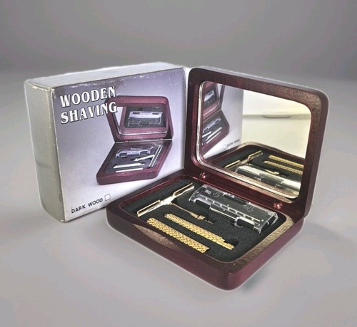 Vintage Travel Shaving Kit Razor Mirror Small Wood Box 3"x2.5" New Old Stock