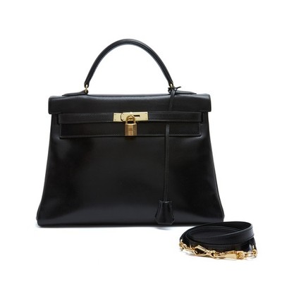 Hermès 1965s Sac Kelly 32 Bandouliere Black Box Leder Handtasche Strap Hermes
