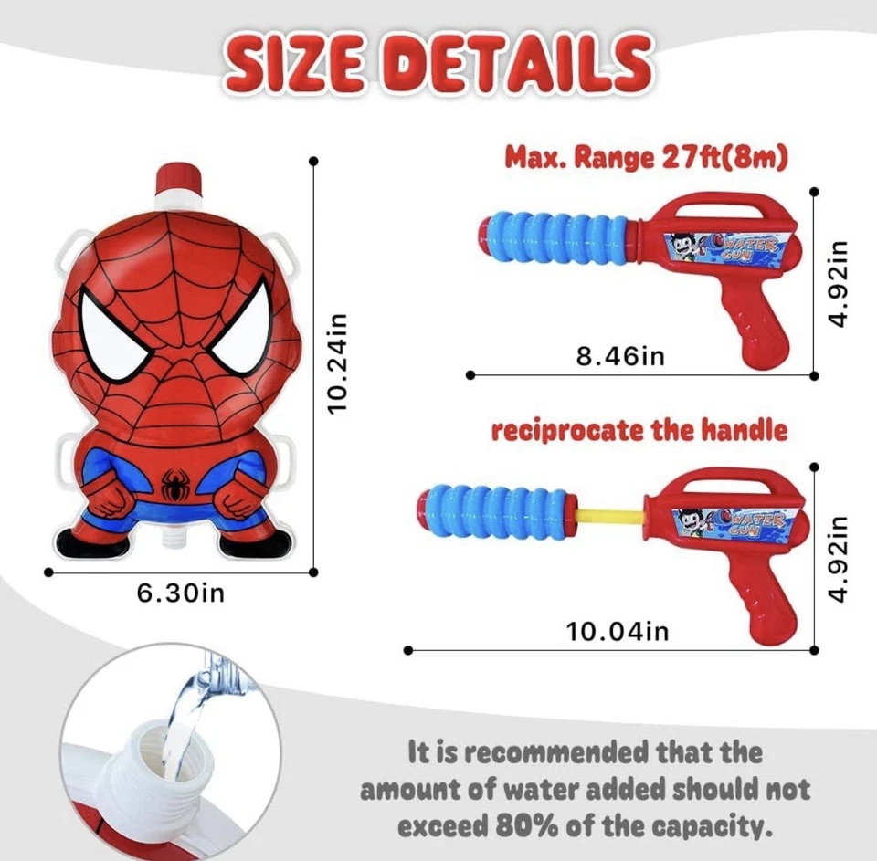 Backpack Water Gun for Kids, Superhero Squirt Gun, 1.3L Cartoon Summer Outdoor T - Image 3 of 4