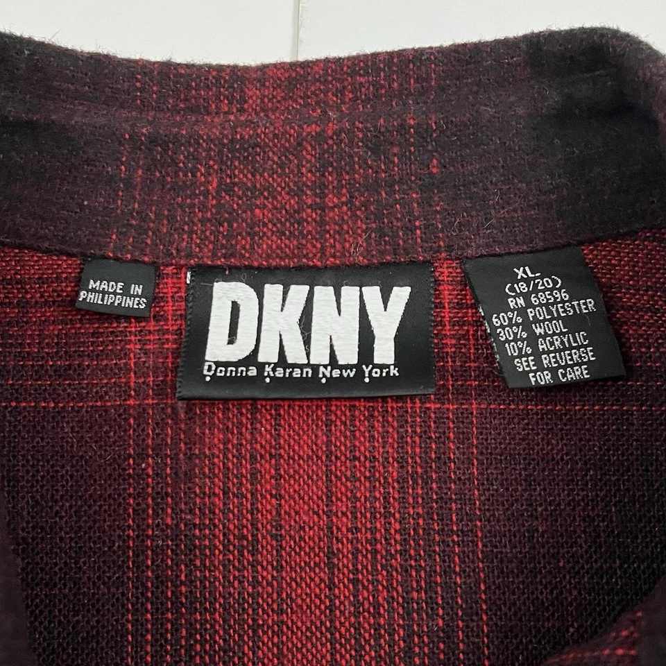 Vintage 90s DKNY Wool Blend Jacket Shirt XL Red Black Ombre Shadow Plaid - Image 2 of 4