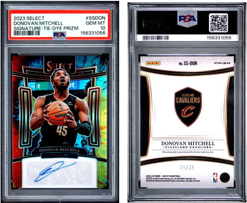 2023 SELECT SIGNATURES DONOVAN MITCHELL TIE DYE PRIZM AUTO /25 PSA 10 CAVALIERS