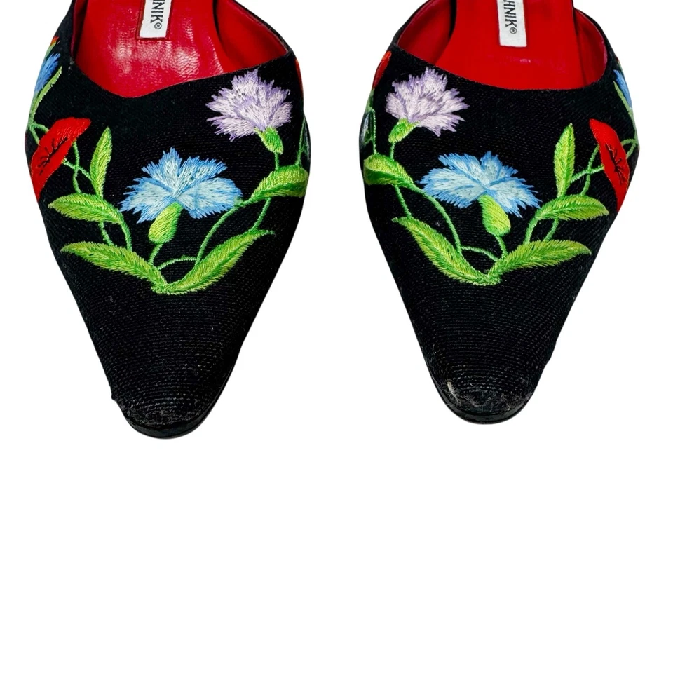 Manolo Blahnik Vintage Floral Embroidered Canvas Mules Point-Toe Covered Heel - Image 2 of 4