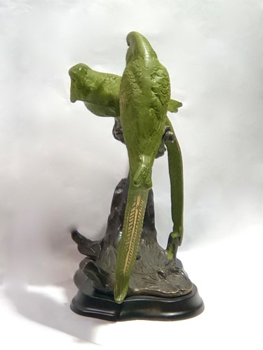 Rare Vintage Castilian Brass Green Parrots Sculpture on Wood Base - Picture 5 of 11