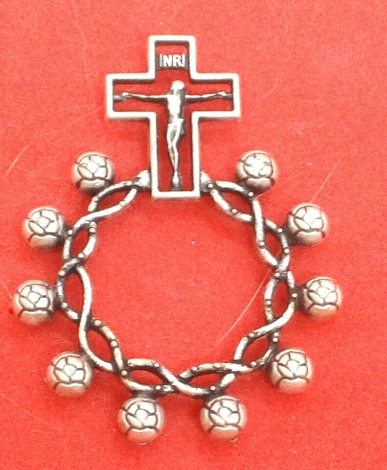 Rose Bud Bead Silver-tone Finger Rosary, Made in Italy