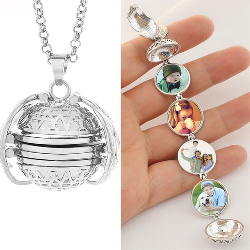Expanding 4 Photo Locket Necklace Magic Ball Angel Wing Pendant Memorial Gift - Picture 3 of 34