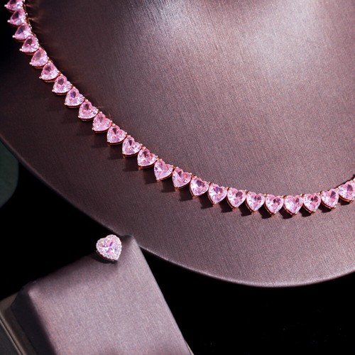 Rose Gold Plated Pink Heart CZ Tennis Necklace Earrings Women Bridal Jewelry Set - Picture 9 of 11