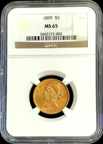 1899 GOLD USA $5 LIBERTY HALF EAGLE COIN NGC MINT STATE 65
