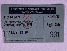 The Who Tommy Ticket 3rd Performance Leicester Square Theatre 1975