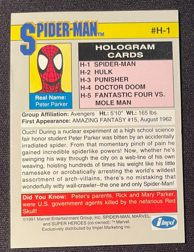 SPIDER-MAN 1991 Marvel Universe Hologram Card #H-1 - Picture 2 of 2