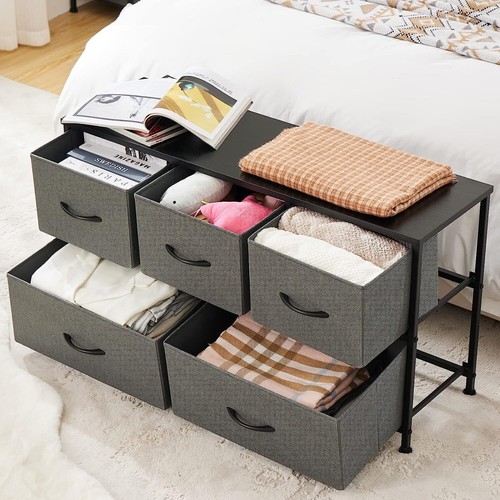 Storage Cabinet With 5 Fabric Drawers, Wooden Top, Dresser, Locker For Clothes - Picture 17 of 45