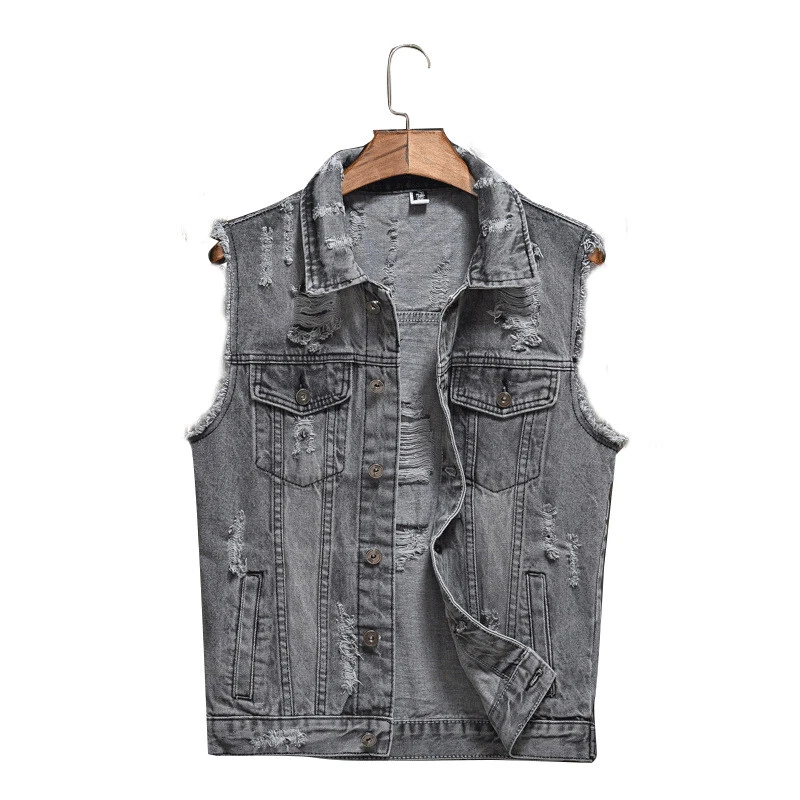 Men s Gray Ripped Denim Vest Distressed Frayed Waistcoat Jacket Motorcycle Vests