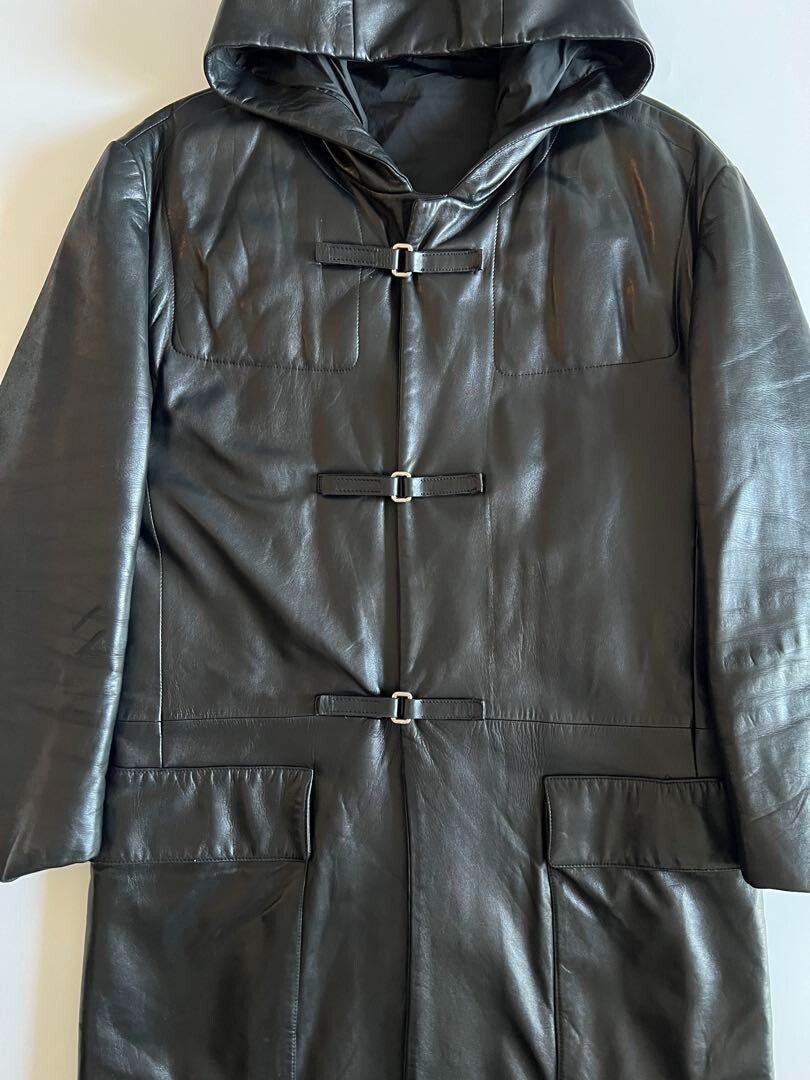 Men's Black Leather Strap Jacket Coat, Size 50, PRADA FW1999 Men's Black Leather Strap Jacket Coat, Size 50, PRADA FW1999