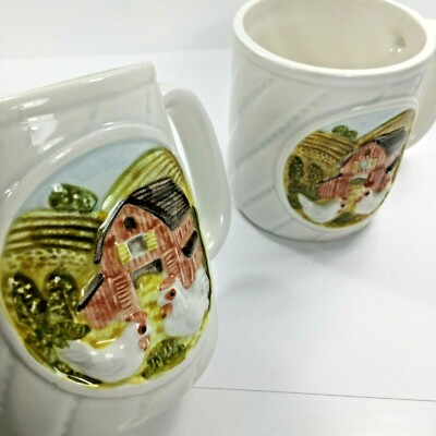 Lot of 2 Chicken Red Barn 3D Farm Scene Coffee Mug Cup Gibson Greeting Cards