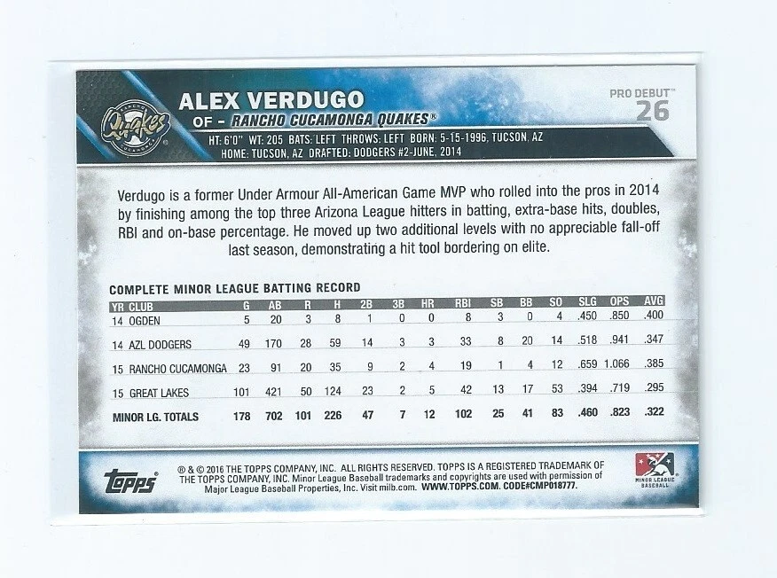 Alex Verdugo Base Prospect Card 2016 Topps Pro Debut Baseball Card #26 - Image 2 of 2