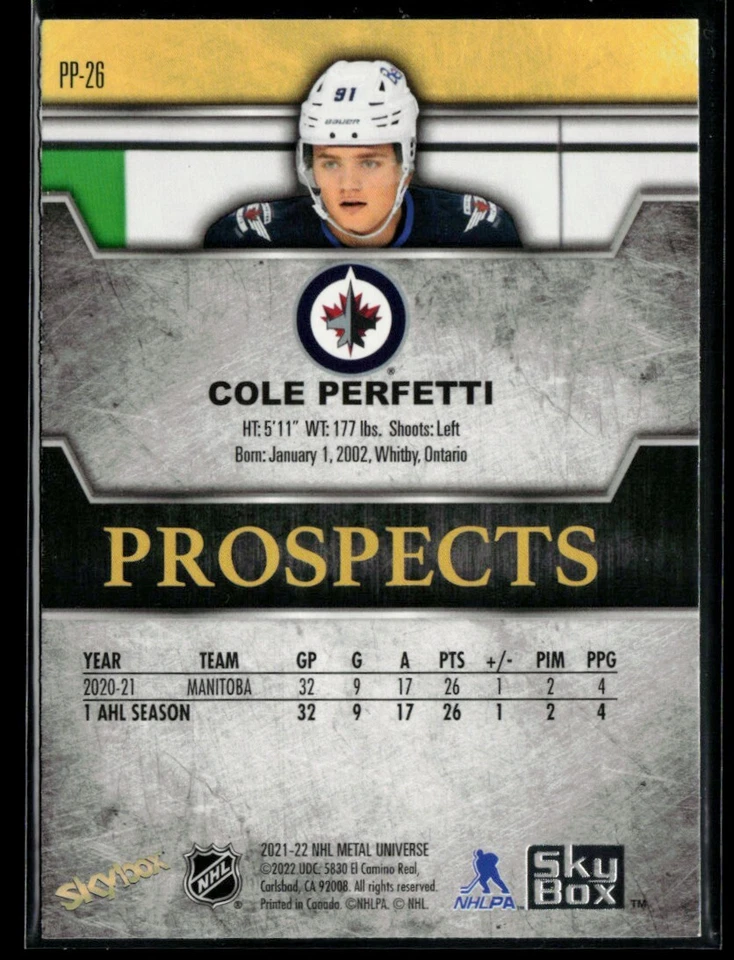 2021-22 Metal Universe Skybox Premium Prospects #PP-26 Cole Perfetti RC - Image 2 of 2