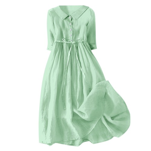 Damen fest Plissee gebunden Kleid Sommer Revers Knopf Baumwolle lang Freizeitkleid - Bild 17 von 42