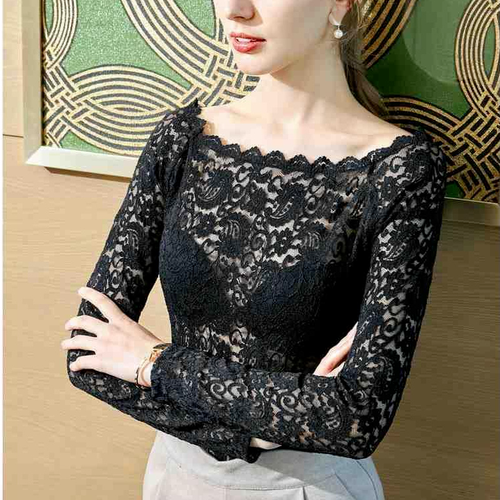 Women Sheer Floral Lace Shirt Pullover Top Long Sleeve Slim Basic Blouse Sexy - Picture 1 of 16