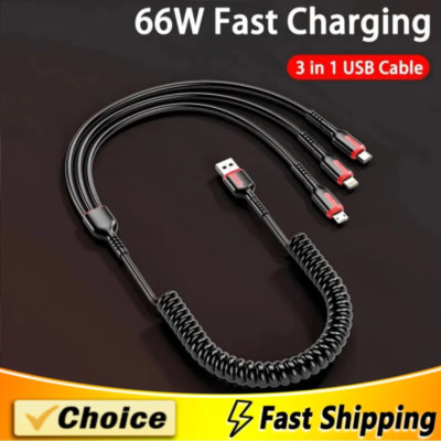 66W 6A 3 in 1 Fast Charge Type C Cable Micro USB Cable for iPhone Huawei Xiaomi