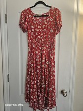 Indigo Rose Red Floral Dress Hi Low Hem Ruffles Maxi Boho Buttons Rayon Dress, S