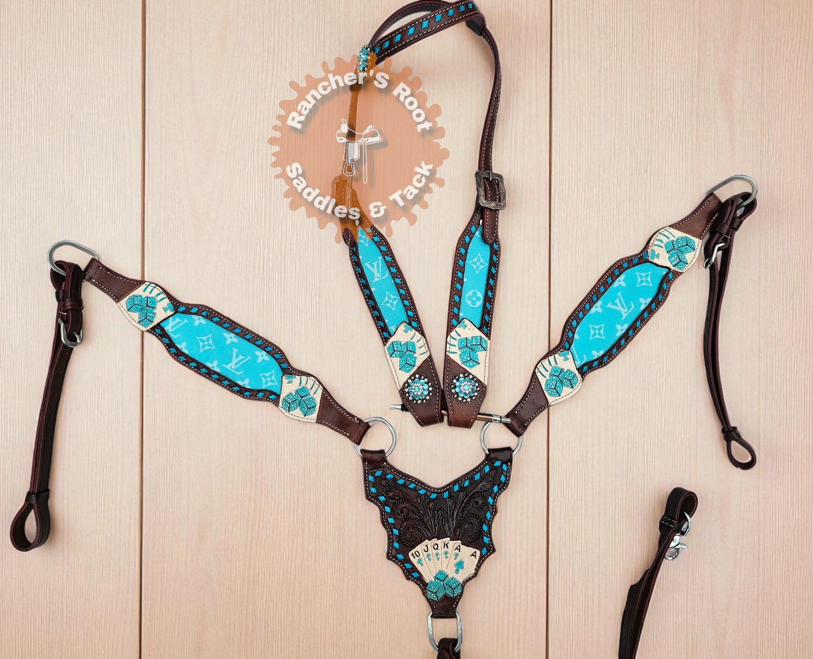 Western Tack Set Horse |  Turquoise Color With Card Tooling Tack Set