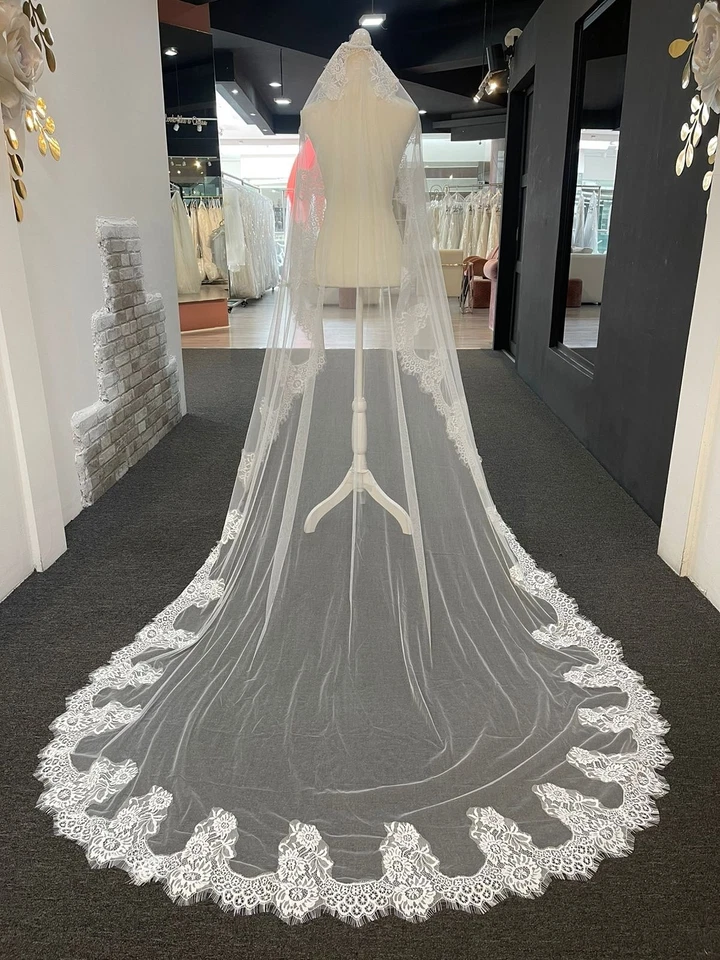 3M 新娘婚礼面纱花朵贴花边缘花边大教堂长度复古 20 世纪 60 年代 — 第 4/4 张图片