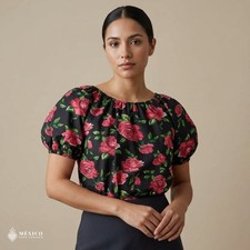 Blusa Floral Tradicional Mexicana - Top Ligero Poliéster Estilo Folclórico