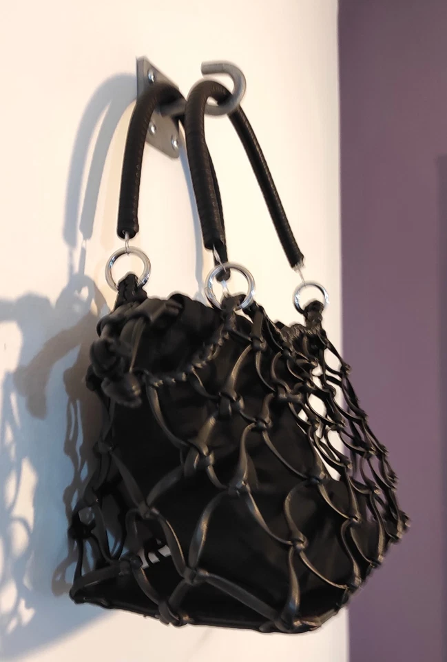 Topshop Black Faux Leather Macrame Bag Textile Lining Grab Hand Shoulder Bag - Image 2 of 4