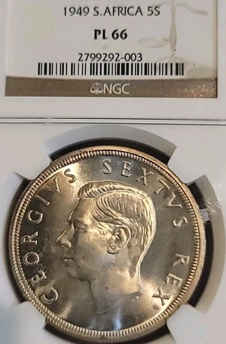 South Africa 1949 5 Shillings Superb Gem BU Full Luster/Strike NGC66PL Beauty LJ