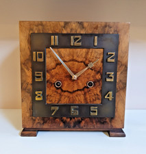 A WONDERUL ART DECO MANTEL CLOCK BURR WALNUT & BRASS - TWIN HAMMERS H.A.C GERMAN