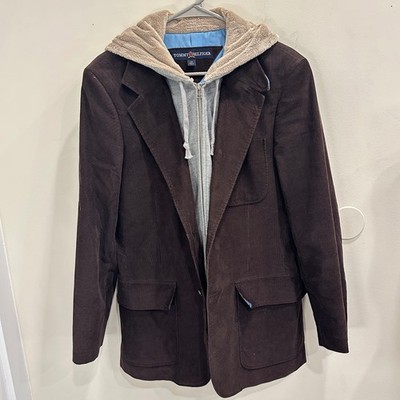VTG 00s Tommy Hilfiger Mens Brown Corduroy Blazer Hoodie Layered Jacket Size 38