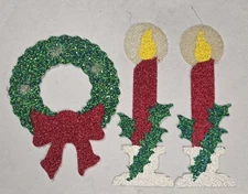3 Vintage Melted Popcorn Plastic Decor Christmas 1 Wreath 2 Candles