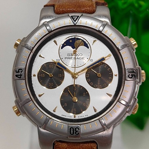 Seiko Presage 7T36-6A60 Vintage Moonphase Chronographe Argent Quartz Mens Montre - Photo 2 sur 10