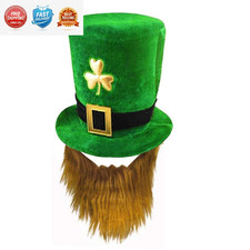 St. Patrick's Day Green Leprechaun Top Hat with Beard Irish Shamrock Velvet...